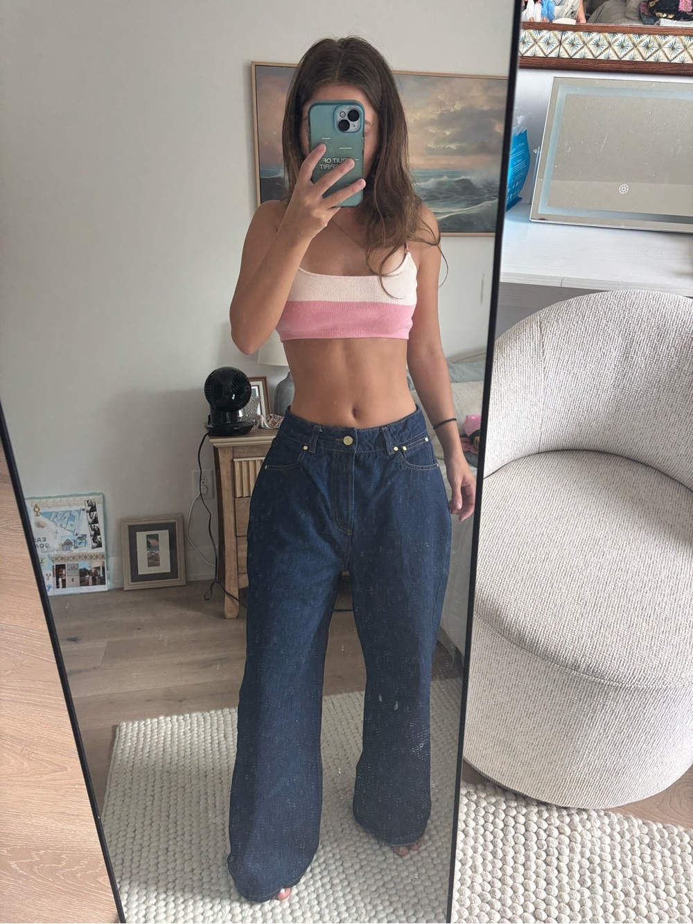 heavy manners low rise dark wash denim jeans wide leg/baggy